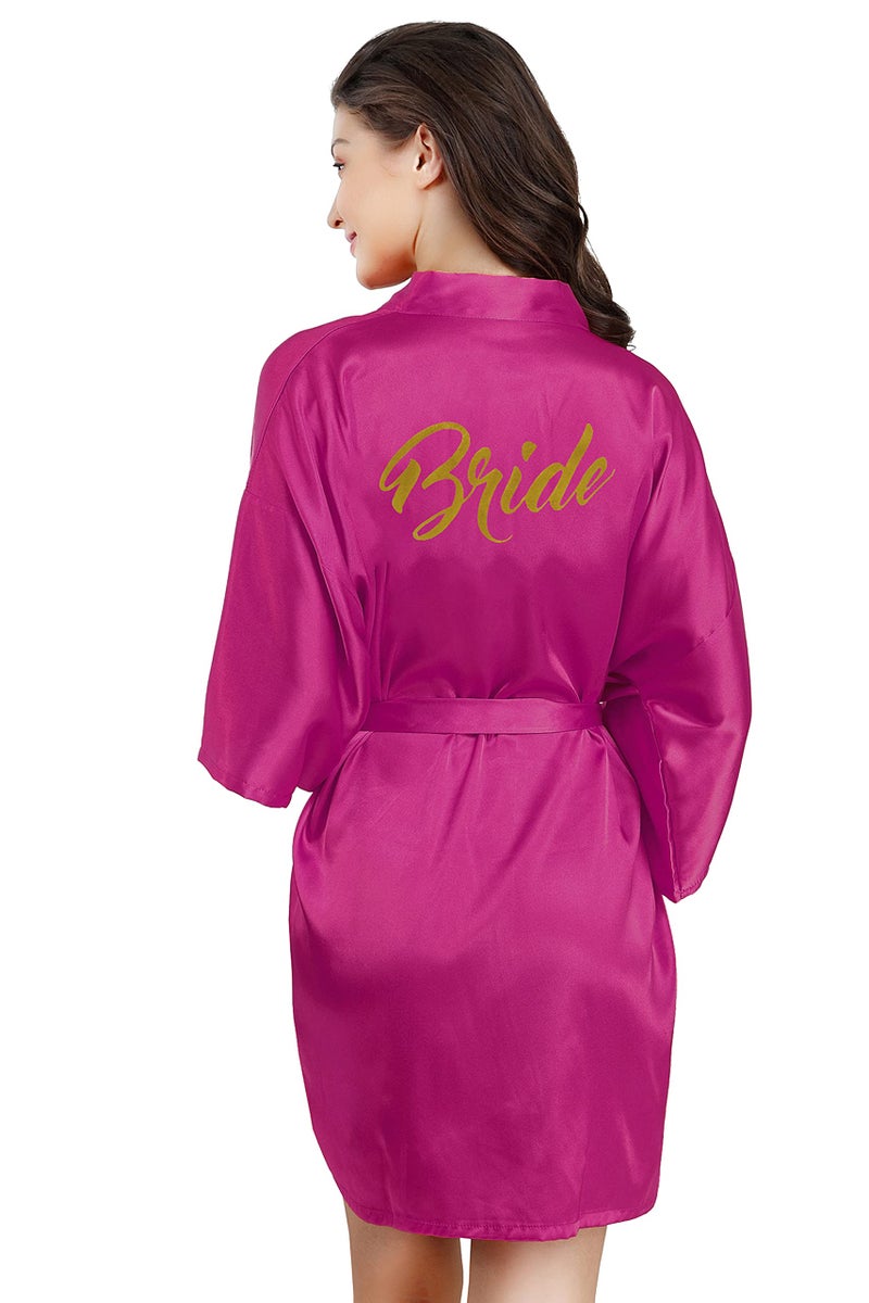EPLAZA Bride Bridesmaid Robes for Wedding Bridal Party Women Short Solid Color Silky Satin Robe Kimono with Gold Glitters (Rose red, Bride) - Image 1